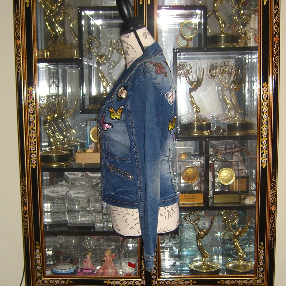 INC INTERNATIONAL CONCEPTS FLOWER BUTTERFLY APPLIQUE DENIM MOTO JACKET XS - Picture 2 of 7